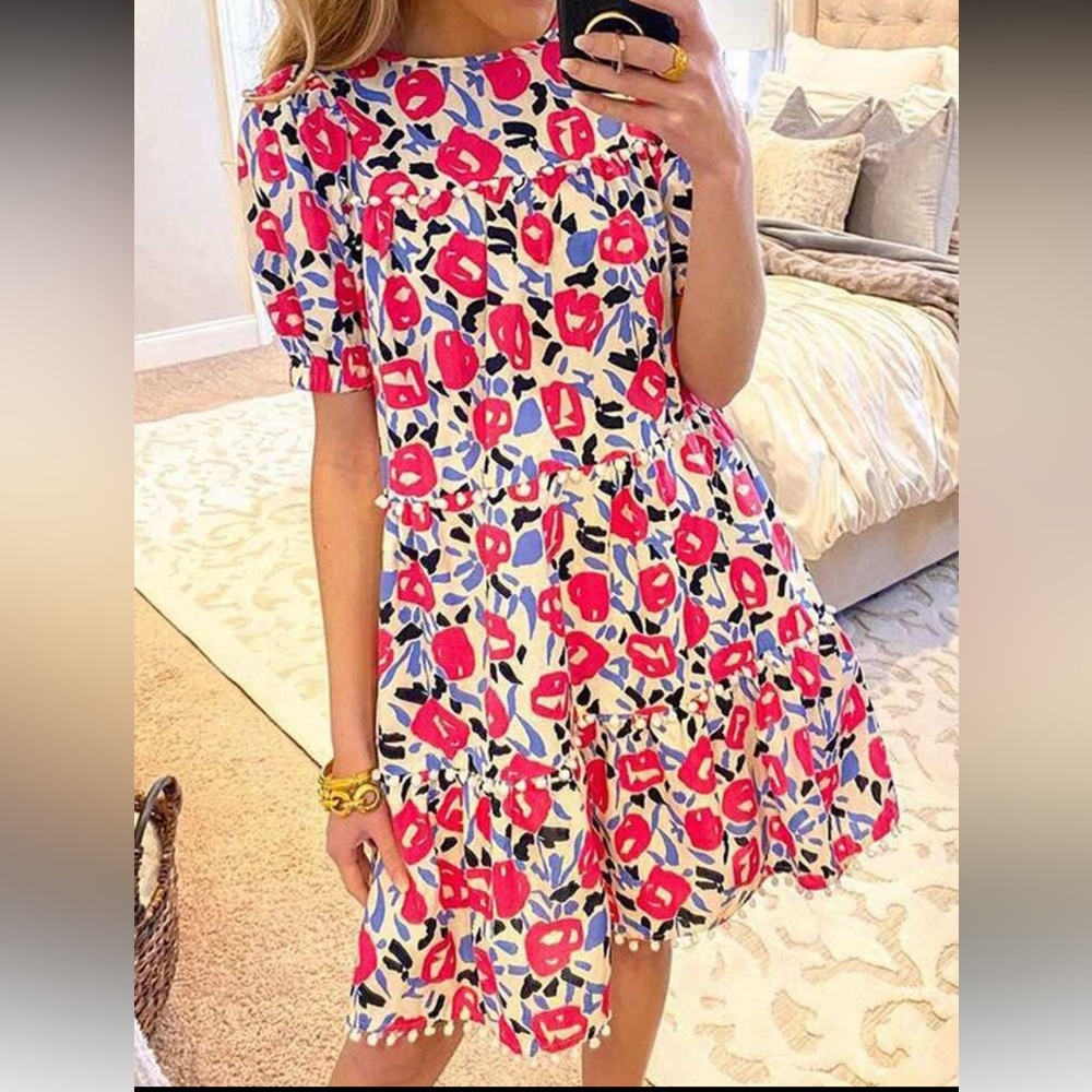 Cute Floral Print Puff Sleeve pompom Dress for summer/beach wear